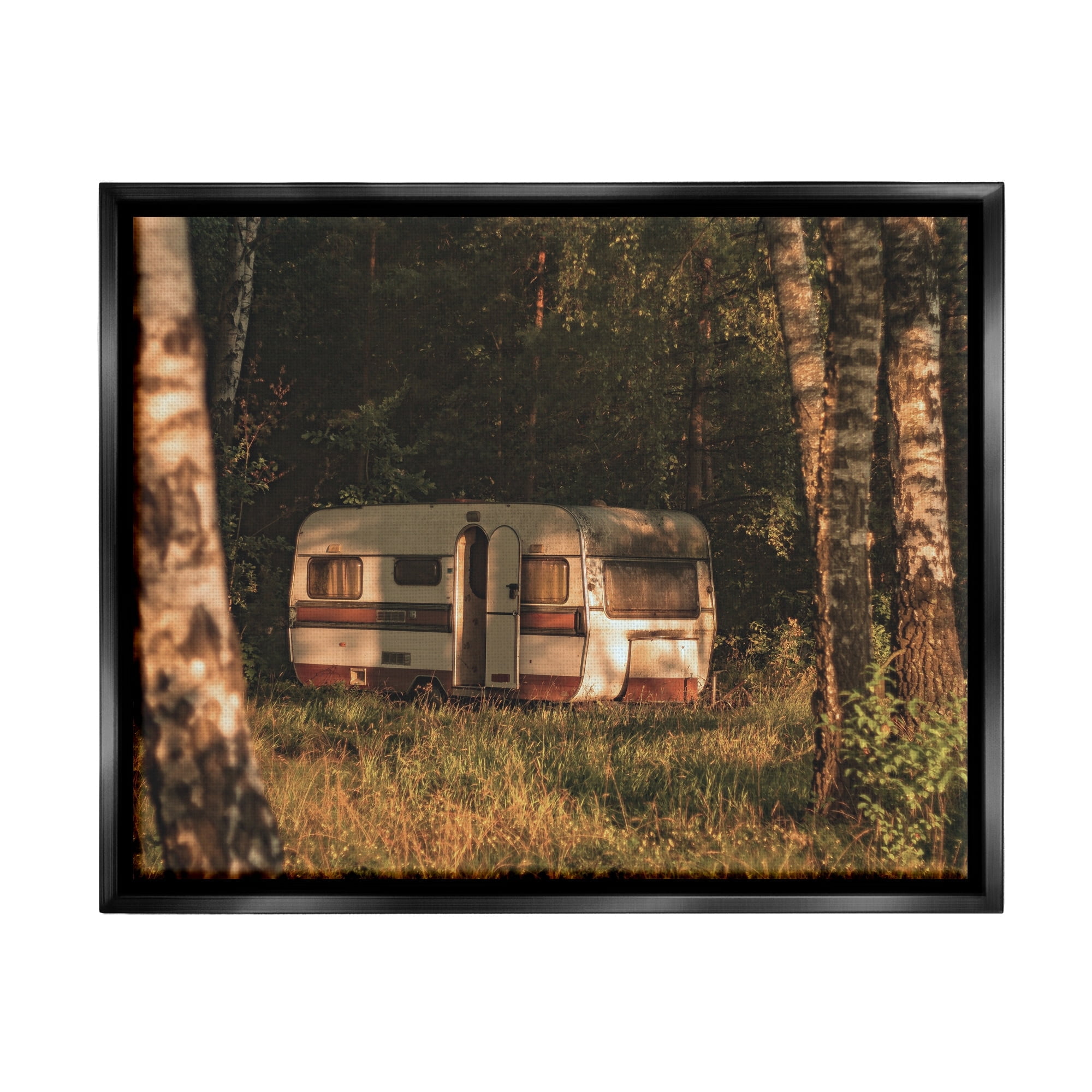 Stupell Industries Quiet Camper Van Deep Woodland Forest Clearing Photograph Metallic Gold Floating Framed Canvas Print Wall Art, Design by Daphne Polselli