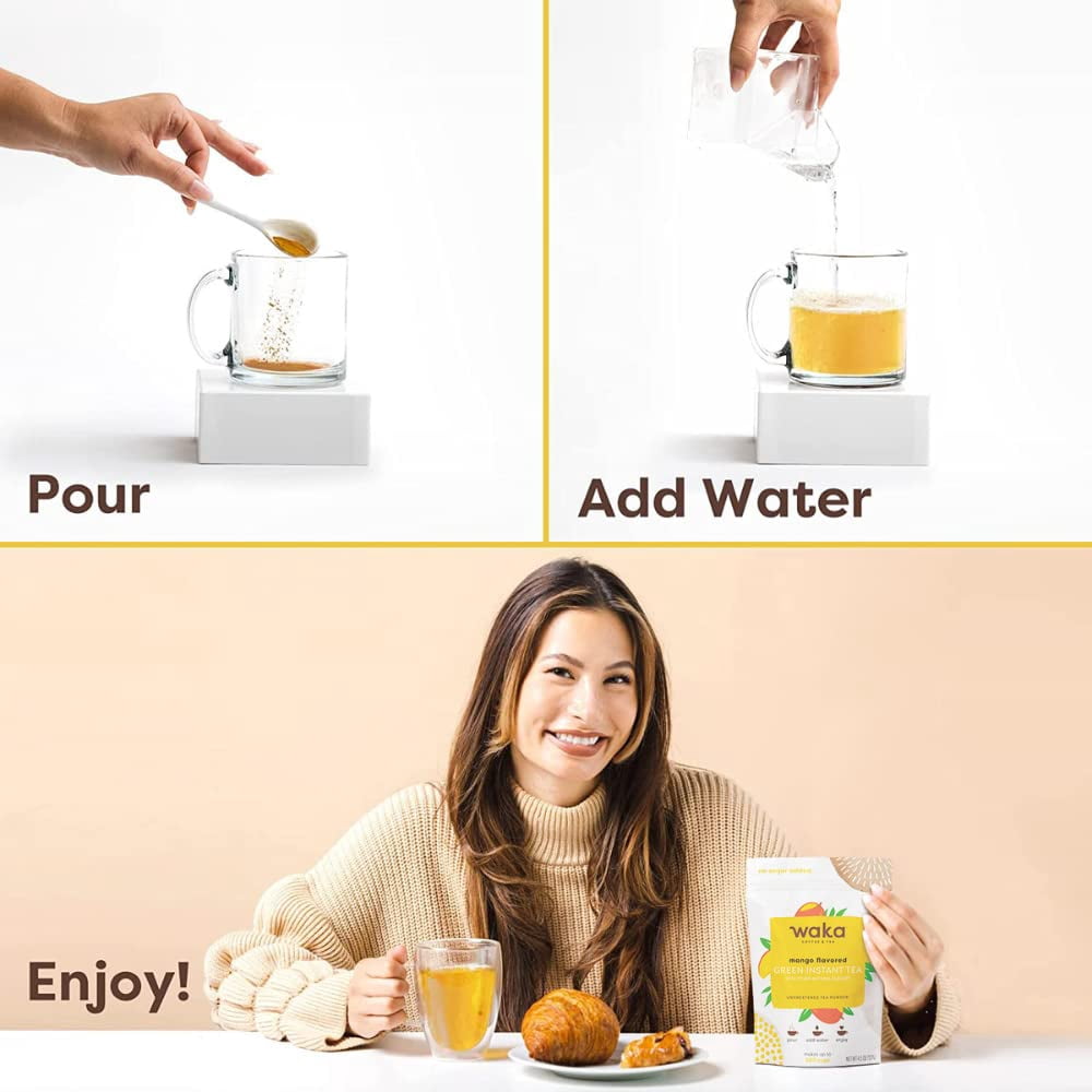 Waka Instant Tea Mix, 2 Bag Bundle - 100% Tea Leaves, No Additives, Unsweetened Tea Powders - Mango Flavored & Pomegranate Flavored Green (4.5oz Each)
