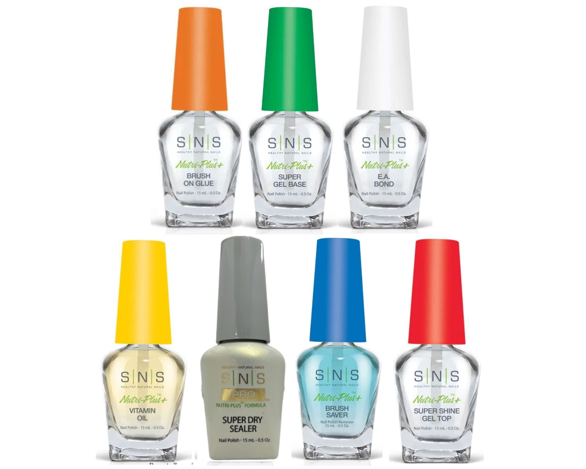 SNS Nutri-Plus Bases&Sealers 7pc - Brush-On Glue, E.A Bond, Super Gel Base,Super Shine Gel Top,Super Sealer Dry, Vitamin Oii, Brush Saver ( 0.5 oz each)