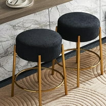 24" Black Boucle Bar Stool Set of 2, Upholstered Dining Room Chair Barstools Backless Seat for Dining Room, Bar(Gold Leg)