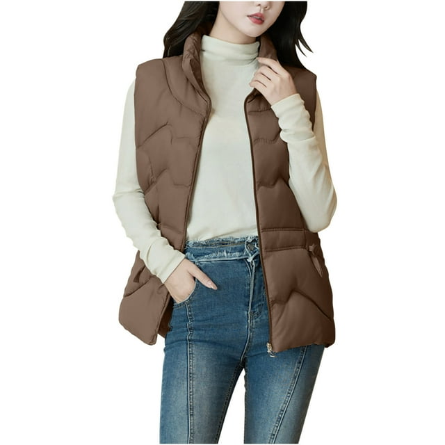 Dagegui Doudoune Sans Manches pour Femmes Légère à Fermeture Éclair Gilets Matelassés Gilet Rembourré Veste Unie Sans Manches avec Poches Kaki TTTTG