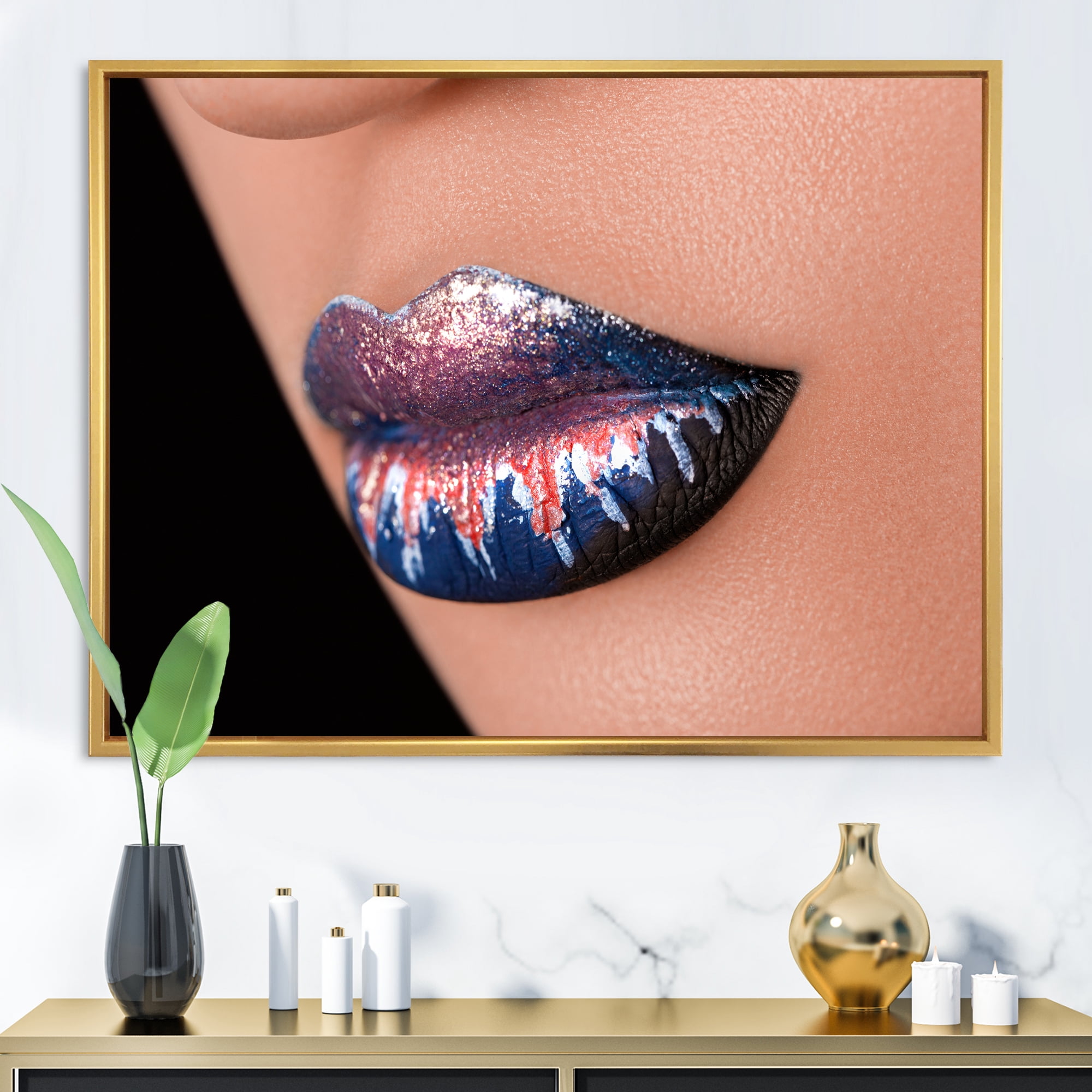 Designart 'Fashion and Creative Make Up On Woman Lips' Modern Framed Canvas Wall Art Print