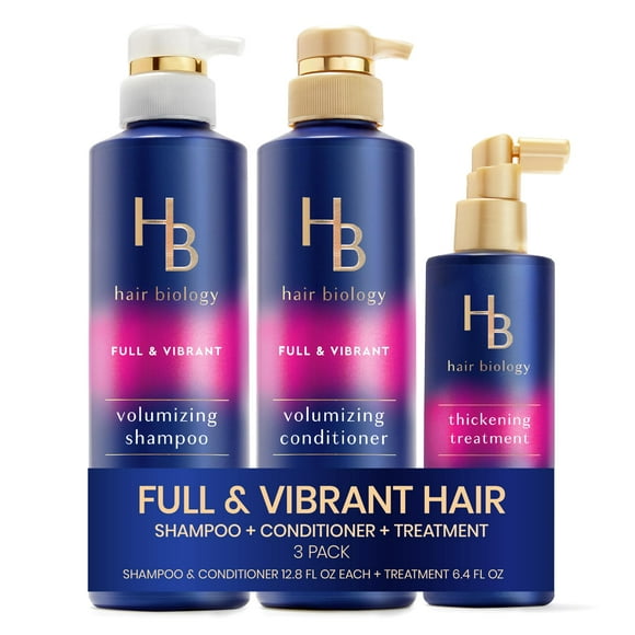 Hair Biology Ensemble Complet & Vibrant Incluant : Shampooing Volumisant (12.8 Fl Oz), après-Shampooing (12.8 Fl Oz) & Traitement Épaississant (6.4 Fl Oz), pour Cheveux Fins Ou Fins, Biotine