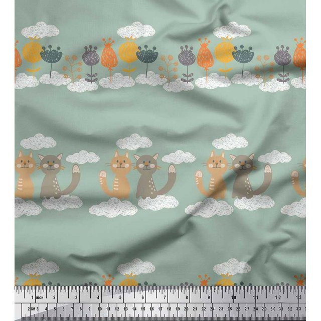 Soimoi Poly Georgette Fabric Floral,Clouds & Cat Kids Print Fabric by The Yard 52 Inch Wide