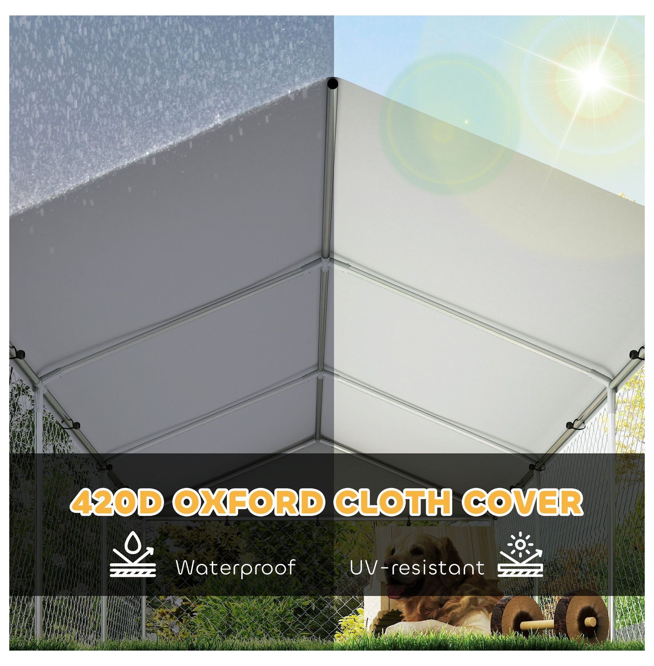 Outdoor Dog Kennel Large, 19.7' x 7.5' x 5.2' Dog Run with Roof, Adjustable Bowl Rack, Waterproof Cover & Secure Lock