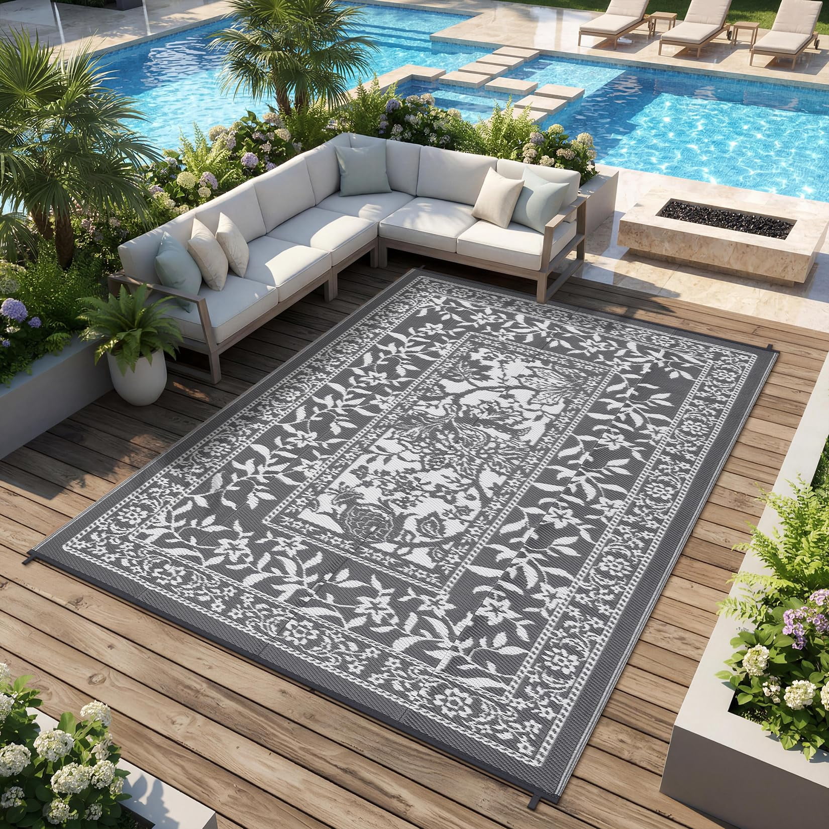 Soonbuy 10x20 FT Outdoor Rug, Waterproof Reversible Plastic Straw Outdoor Patio Rug, Botanical Grove Vintage Cottage Outdoor Area Rug Carpet for RV, Deck, Picnic, Beach, Backyard