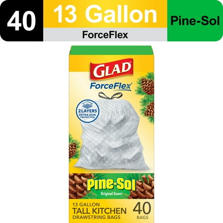 Glad ForceFlex Tall Kitchen Drawstring Trash Bags, 13 Gallon, Pine-Sol Original Scent, 40 Count