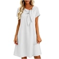 thumbnail image 2 of Karymi Spring Dresses for Women Fake Cotton Linen Midi Dress, Short Sleeve V-Neck Bow Tie Neck Shift Dress with Back Zipper and Side Slits, Solid Loose Dress Easter Dresses for Women, 2 of 8