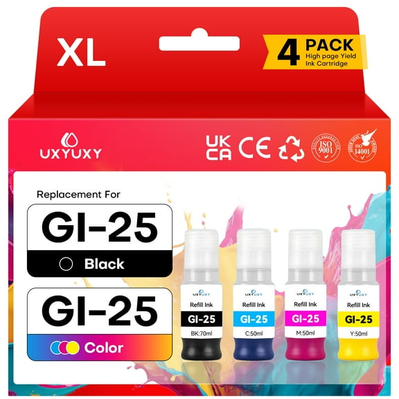 GI 25 Ink for Canon GI-25 GI25 Ink Bottles for Canon MAXIFY GX2020 GX1020 Inkjet Printers (Black, Cyan, Magenta, Yellow, 4Pack)