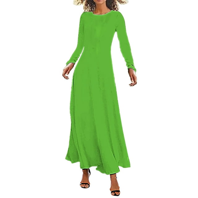 WTXUE Robes Maxi, Robe Maxi Trapèze à Manches Longues à Col Rond, Robe Longue Bohème Décontractée à Fleurs Ample Unie pour Femme Grande Taille, Taille g