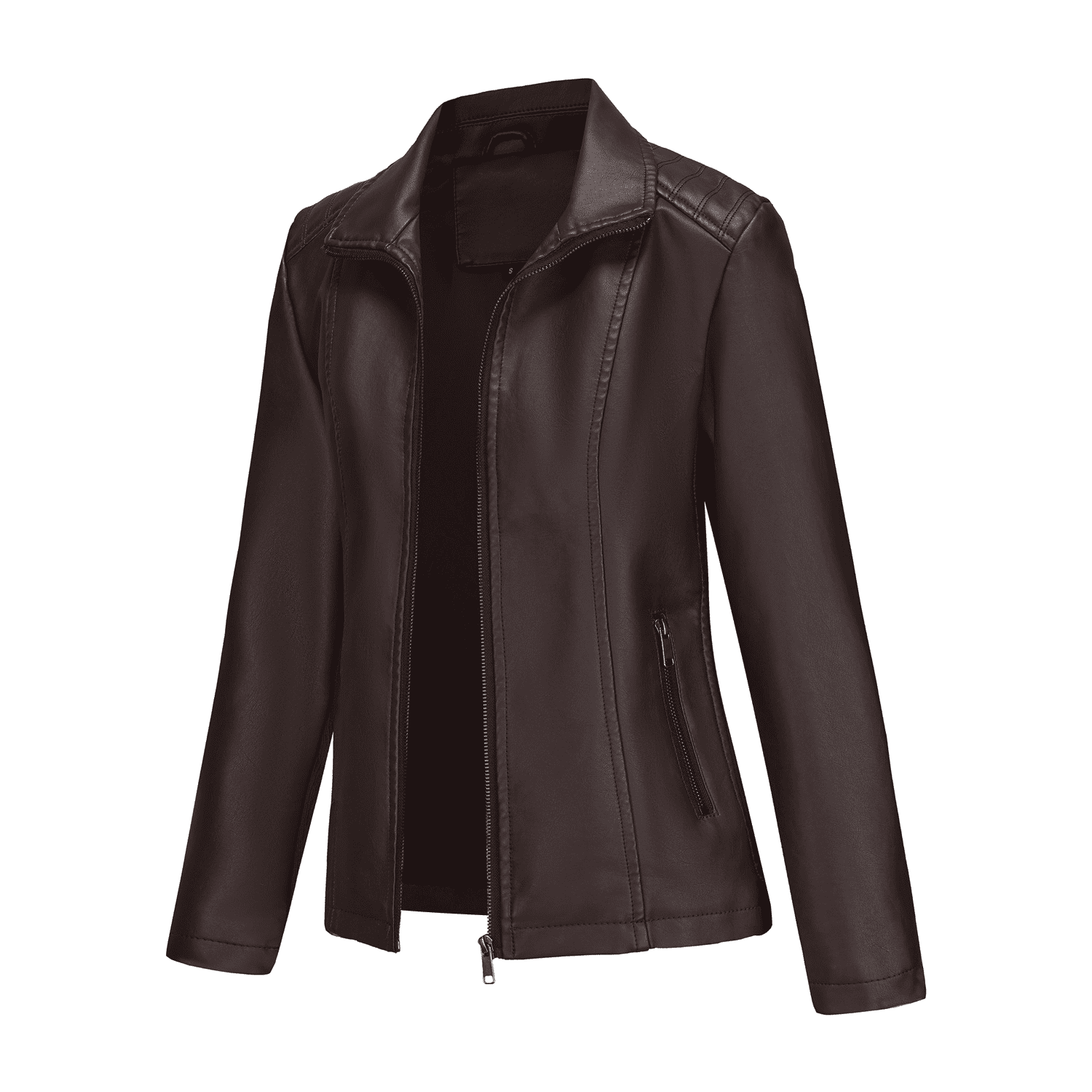 Panan Women's Faux Leather Jacket with Collar Long - Sleeve, Full - Zip Front & Side Zipper Pocket