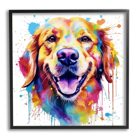 Stupell Industries Happy Dog Paint Drip Animals & Insects Painting Black Framed Art Print Wall Art, 12 x 12
