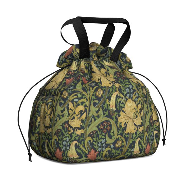 Women Floral Drawstring Lunch Bag Polyester Lightweight Reusable Sack Work Travel Picnic