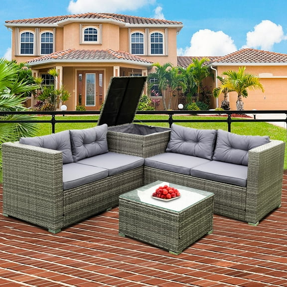 SEGMART Patio Rattan Sectional Couch Set, 4 Piece Outdoor Wicker Furniture Set, Elegant Cushioned Sofa Set, Conversation Chair Set with Storage Box & Table for Backyard, Lawn, Poolside, B896