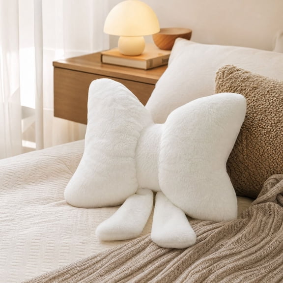 Bow Pillow for Girls Cute Bow Shaped Throw Pillows Soft Decorative Cushion Aesthetic Bedroom Bed Couch Sofa Home Room Decor,White-19.69*14.96inch