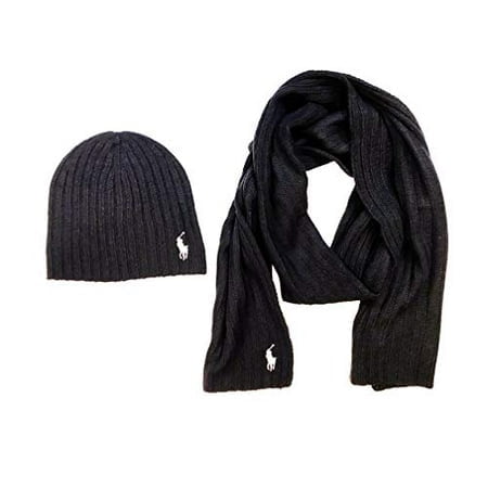 Polo Ralph Lauren Mens 2 Piece Set Hat & Scarf Black Lambswool Blend