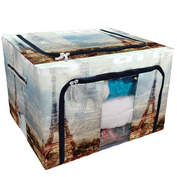 PKQWTM Paris Storage Bag Clear Window Storage Bins Boxes Large Capacity Foldable Stackable Organizer With Steel Metal Frame For Bedding,Clothes,Closets, Bedrooms