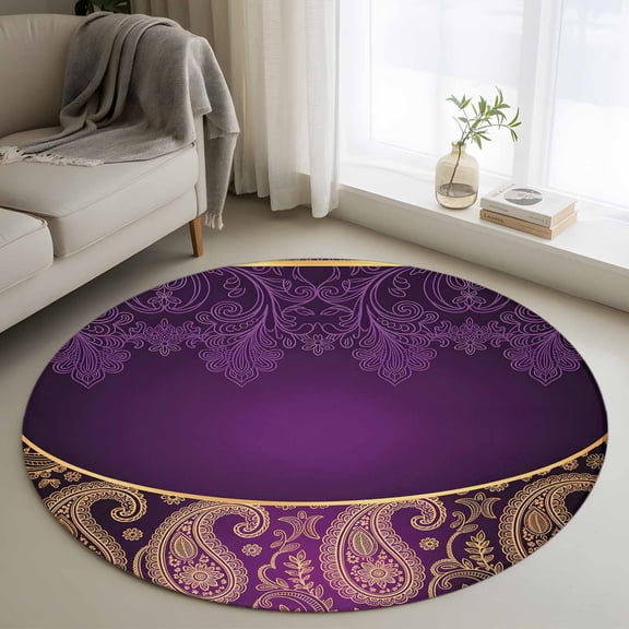 Round Rug 3.3Ft Washable Non-Slip, Purple Boho Floral Circle Area Rugs for Living Room Bedroom, Vintage Ethnic Tribal Abstract Art Indoor Floor Mats Carpet Runner for Home Decor Aesthetic