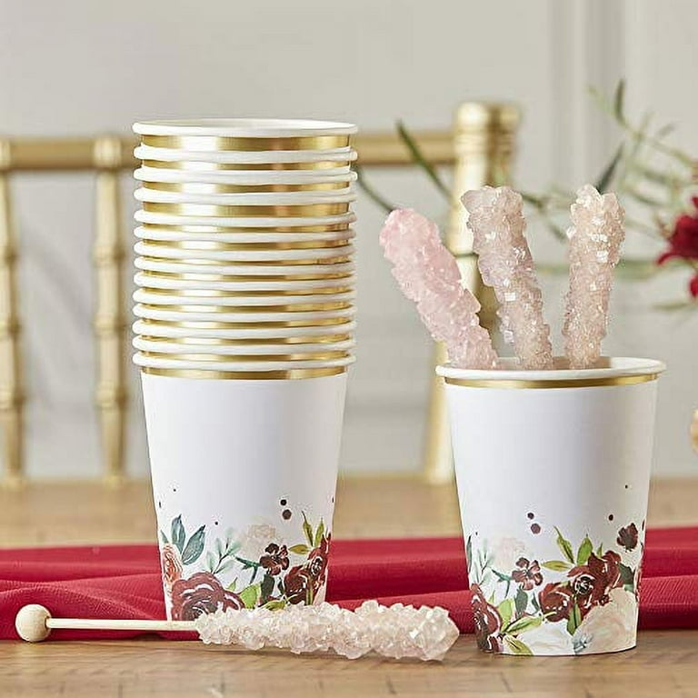 Burgundy Blush Floral 8 oz. Paper Cups (Set of 16)