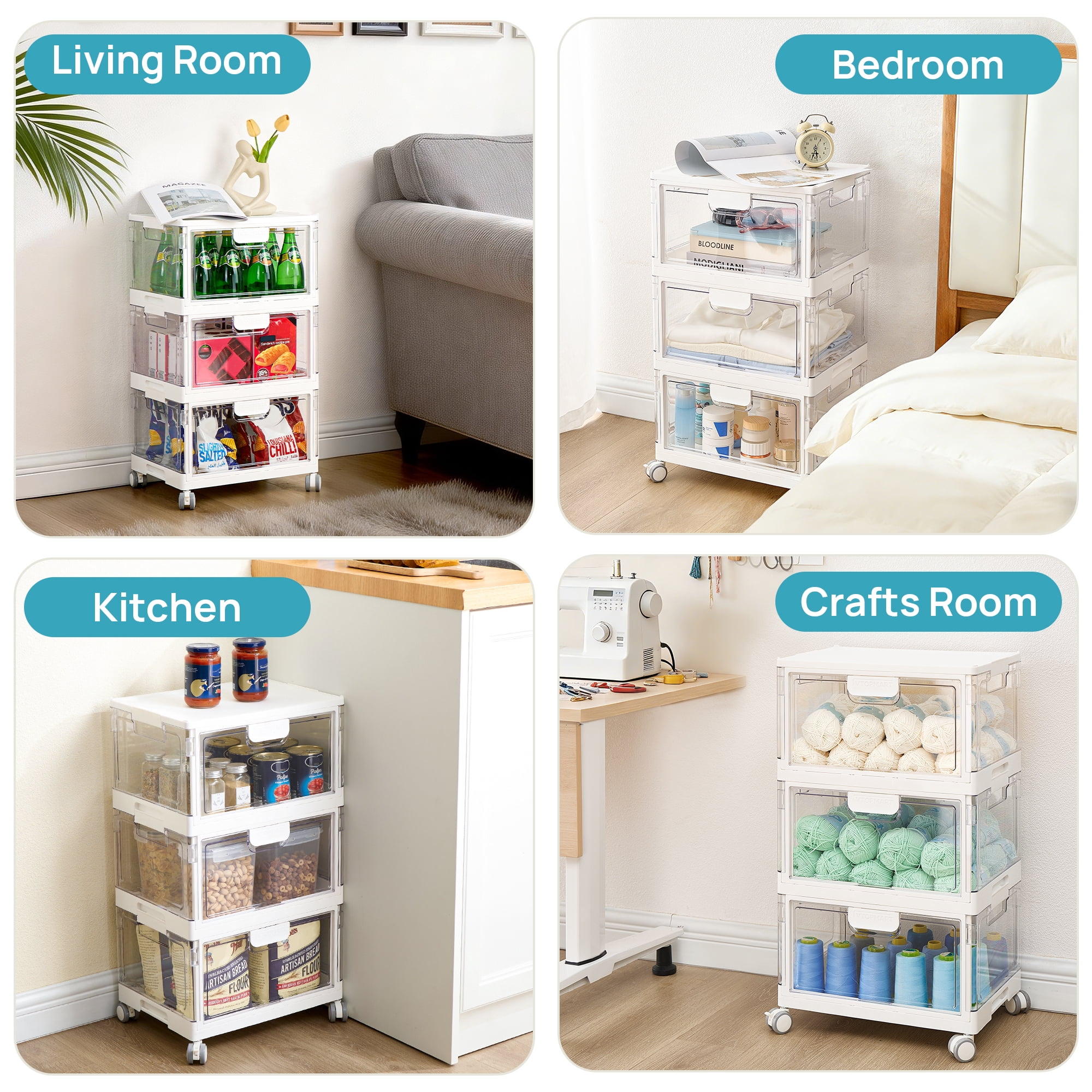 Sindcom 3-Layer Stackable Storage Bins, 72Qt Foldable Large Storage Containers with Lids, Storage Bins with wheels for Home Office Bedroom, Bathroom, White