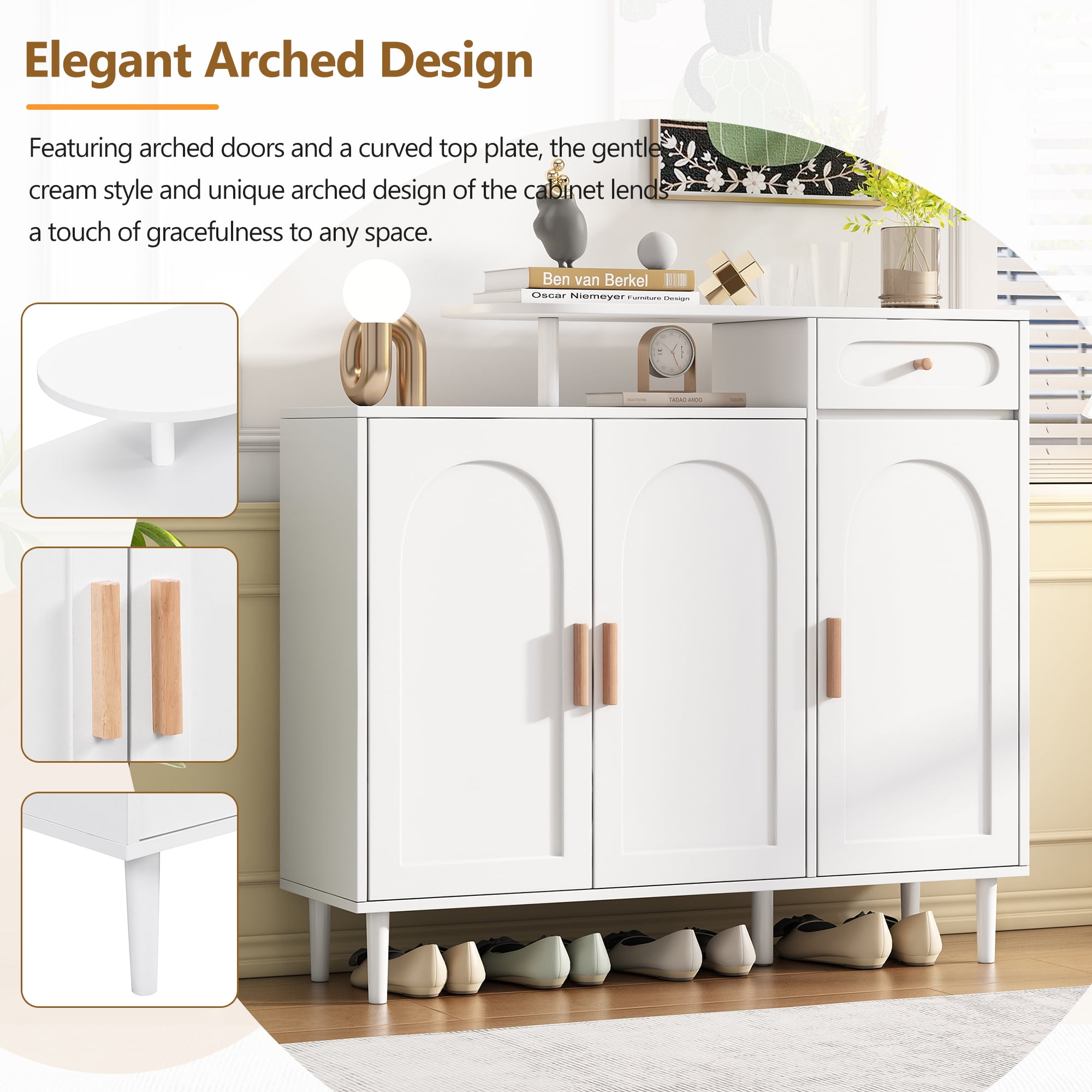 MAYEERTY Elegant Shoe Cabinet with Arched Doors and Drawer, Cream Style Storage Sideboard with Adjustable Shelves and Solid Wood Legs for Entryway, Living Room, White