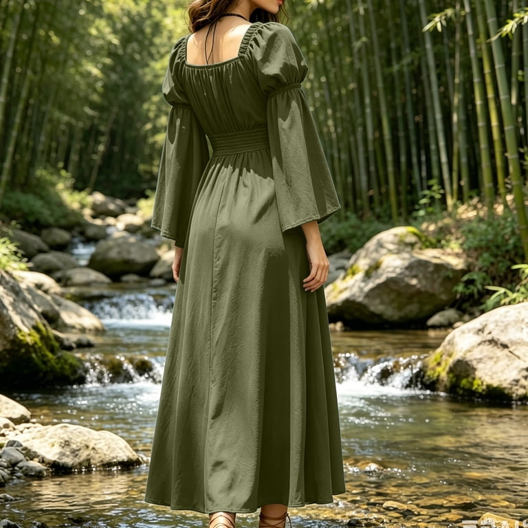 green peasant dress Karen Kane Puff Sleeve - Print which adds a touch of detail and authenticity to the garment Arlette Medieval Peasant Dress -