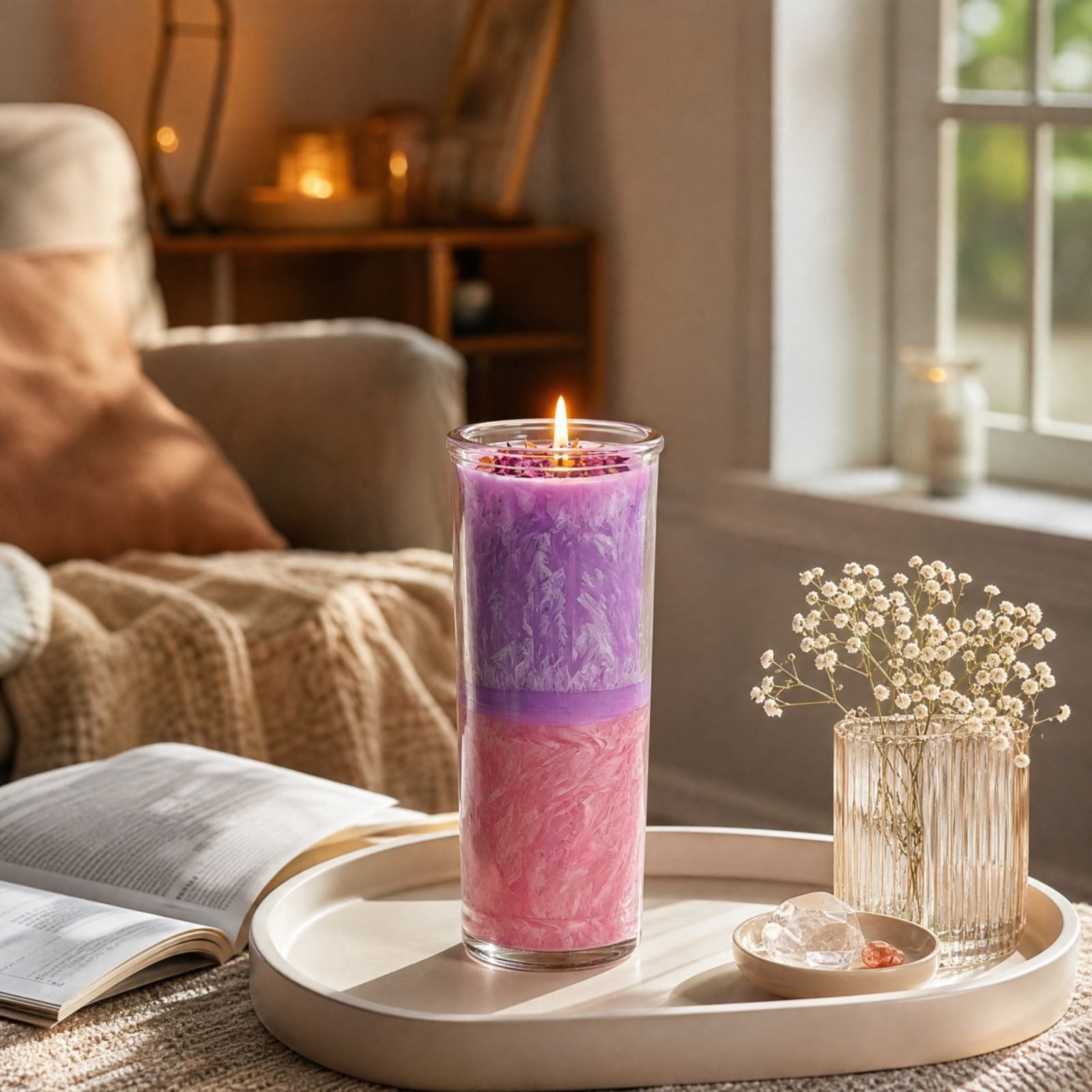 Handmade Two Tone Scented Tumbler Candle Glass Candle with Dried Flower Topping and Textured Wax Design Aromatherapy Home Decor for Bedroom and Living Room Relaxation and Daily Decor