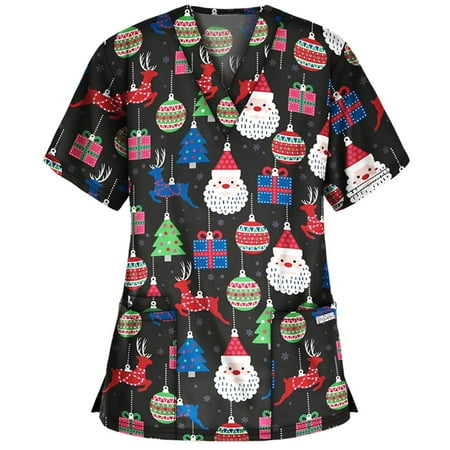 

purcolt Plus Size Christmas Scrubs Tops for Women Casual Xmas Print Short Sleeve V Neck Professional Nursing Workwear Tunic Working Uniform Medical Blouse with Pockets