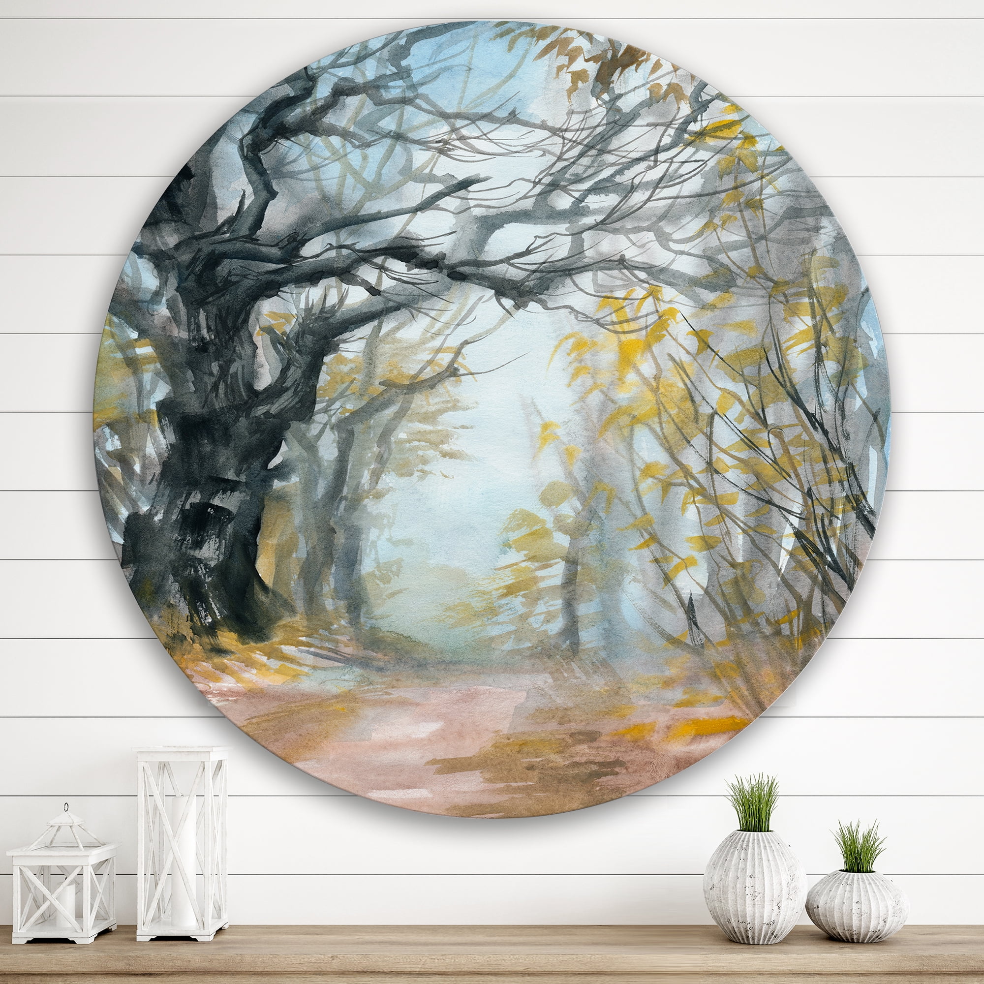 Designart 'Autumn in Misty Forest' Lake House Circle Metal Wall Art 36x36 - Disc of 36