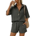 thumbnail image 6 of Cagogo Women's 2 Piece Shorts Set Casual Summer Cruise Outfits Drawstring Waist Shorts Loose Short Sleeve Collared Shirt Solid Boho Streetwear Matching Lounge Sets Travel Airport Clothes, Dark Gray S, 6 of 6