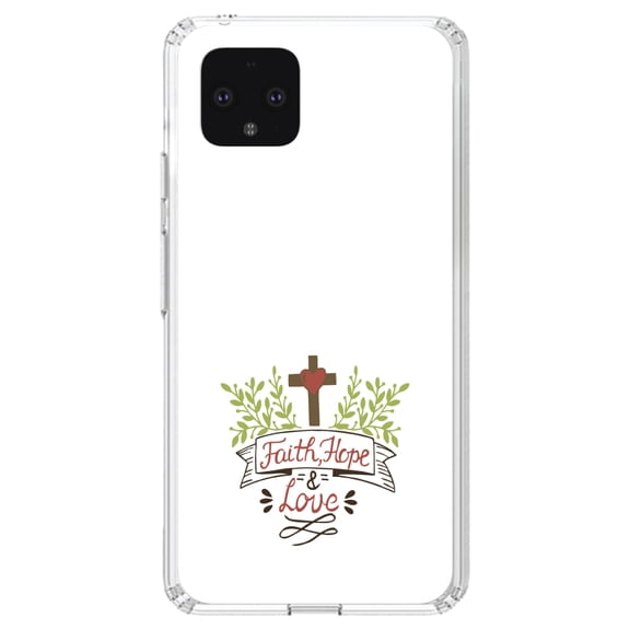 DistinctInk Clear Shockproof Hybrid Case for Google Pixel 4 XL (6.3" Screen) - TPU Bumper, Acrylic Back, Tempered Glass Screen Protector - Faith, Hope & Love - Cross & Leaves