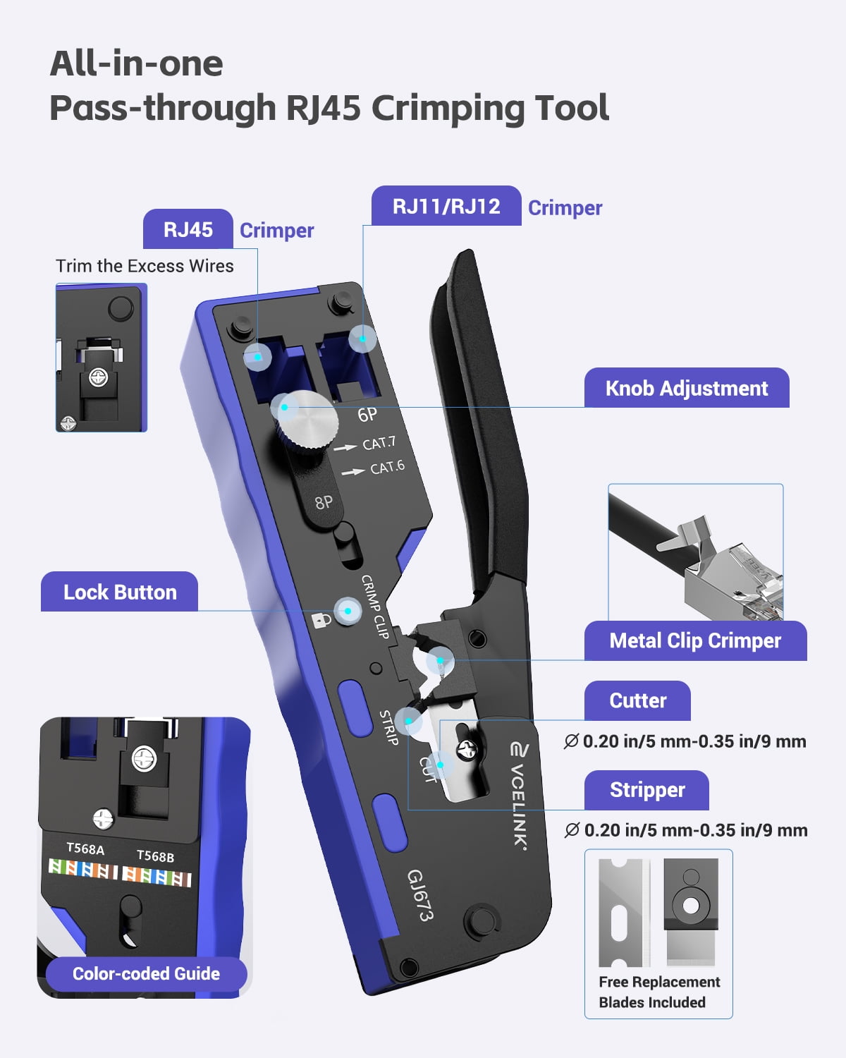 VCELINK Ethernet Crimping Tool Kit for CAT7/CAT6A/CAT6/CAT5E/CAT5, RJ45 Crimp Tool Set with an Ethernet Crimper, Cable Tester, Wire Stripper and Cutter in a Cloth Bag