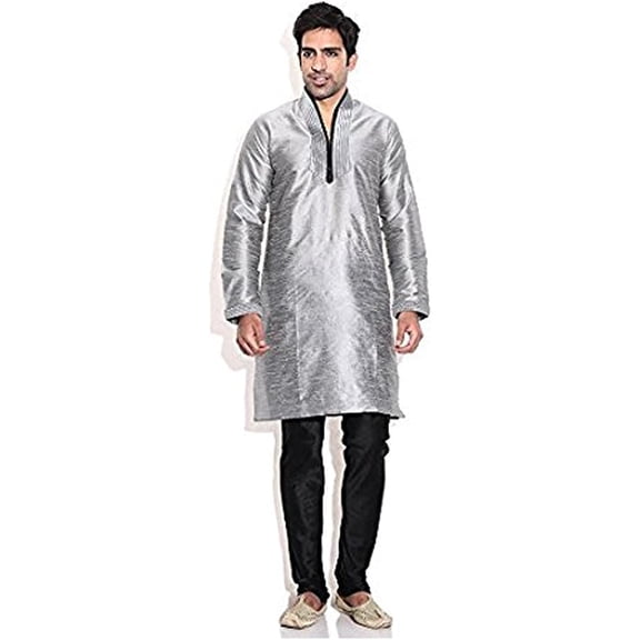 Royal Kurta Men's Silk Blend Hineck Kurta Churidaar Set Silver