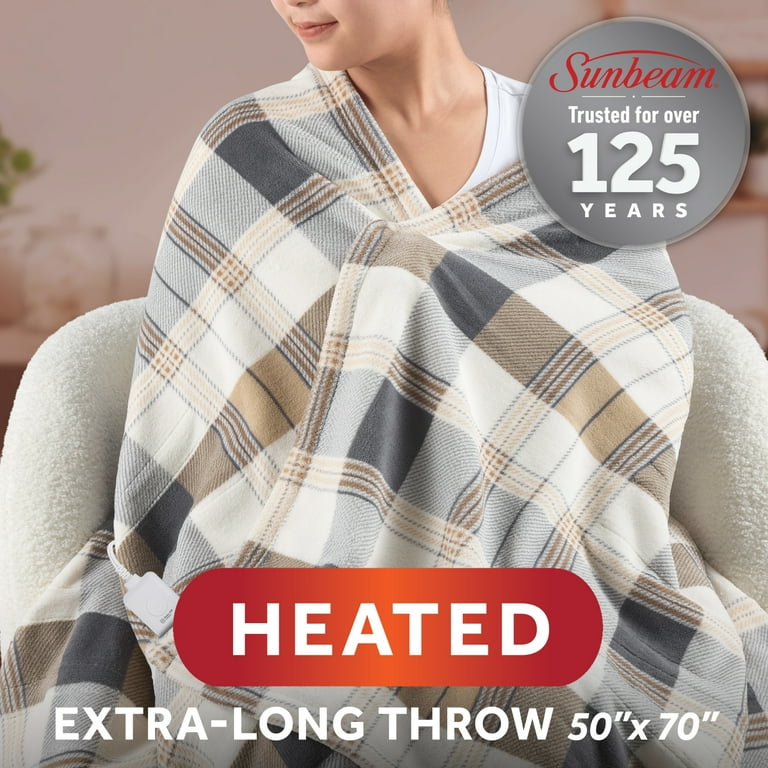 Sunbeam Electric Heated Throw Blanket Neutral Plaid Microplush 4