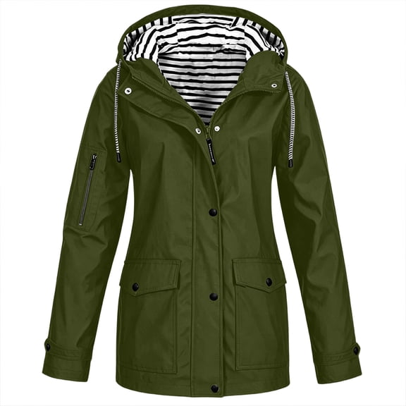 Lcziwo Full Zip Coat for Women Striped Long Sleeve Lightweight Jackets Waterproof Drawstring Outdoor Hiking Hoodie Raincoats Army Green,S