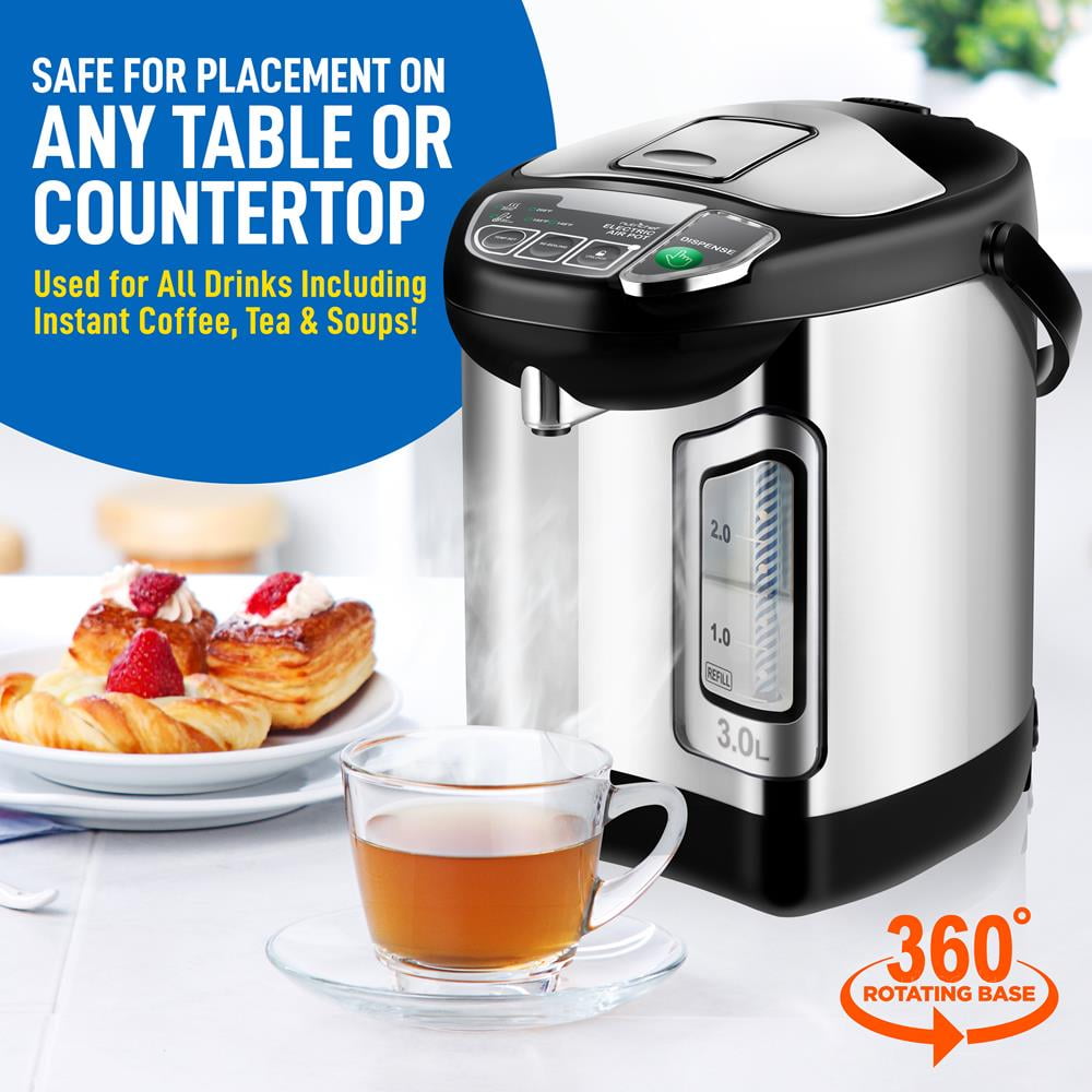 NutriChefKitchen Electric Water Boiler and Warmer - 3L/3.17 Qt Stainless Steel Electric Hot Water Dispenser w/ Rotating Base, Auto Shut Off, Safety Lock, Instant Heating for Coffee & Tea (NCHUB13)