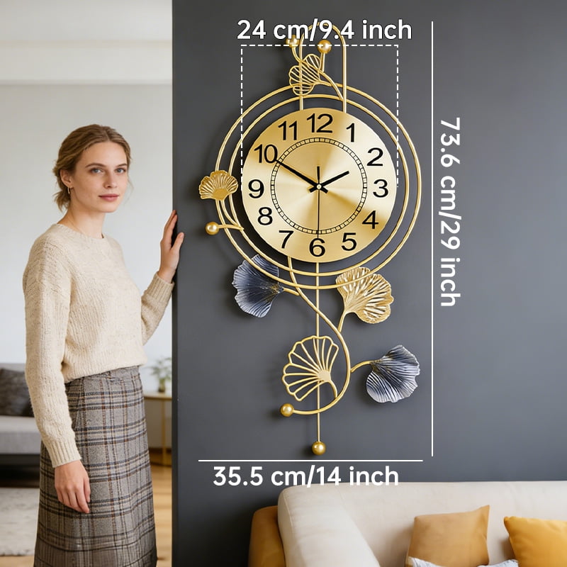 Elegant Metal Wall Clock with Pendulum and Gold and Gray Leaves, Modern Non-Walking Silent Metal Wall Clock