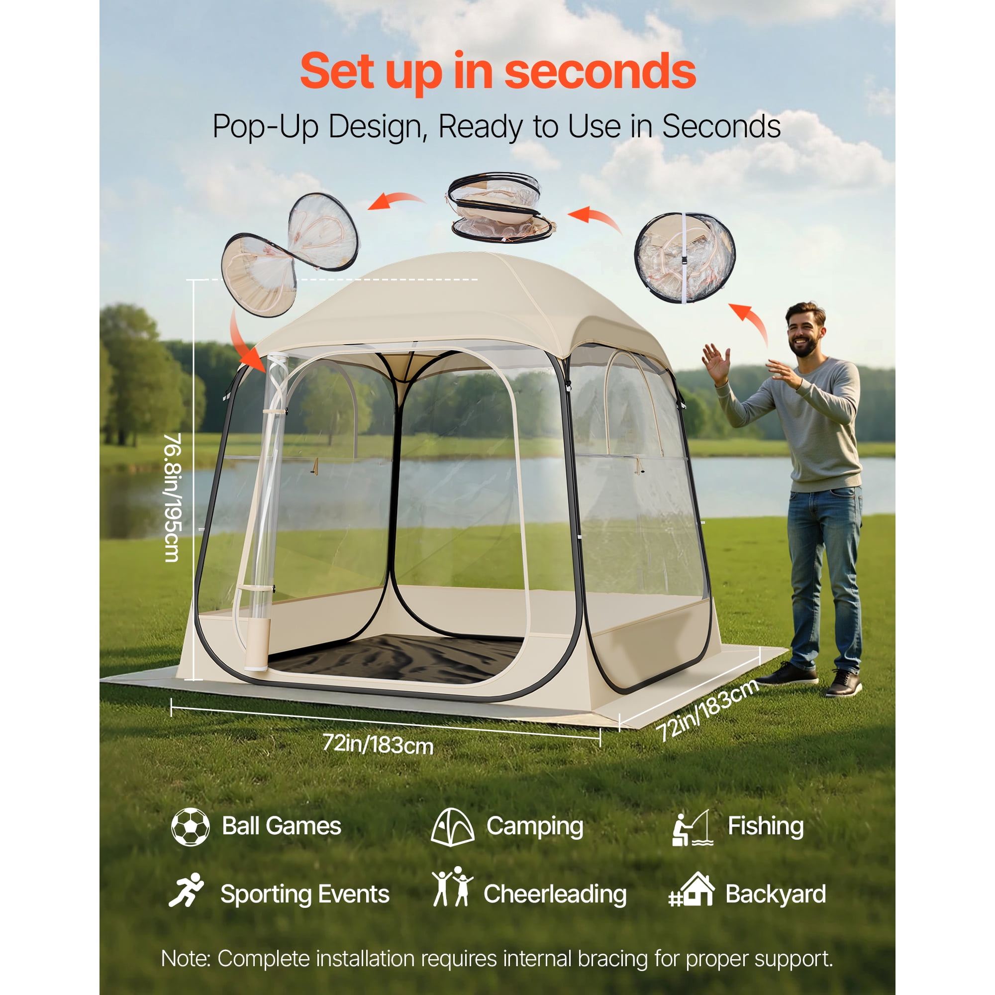 KFFKFF Pop-Up Sports Tent, 72x72 in Clear Outdoor Shelter for 2-4 People, Waterproof Pod with Floor Mat & Top Cover, Garden Dome Tent for Camping, Events, Fishing, and Spectator Activities