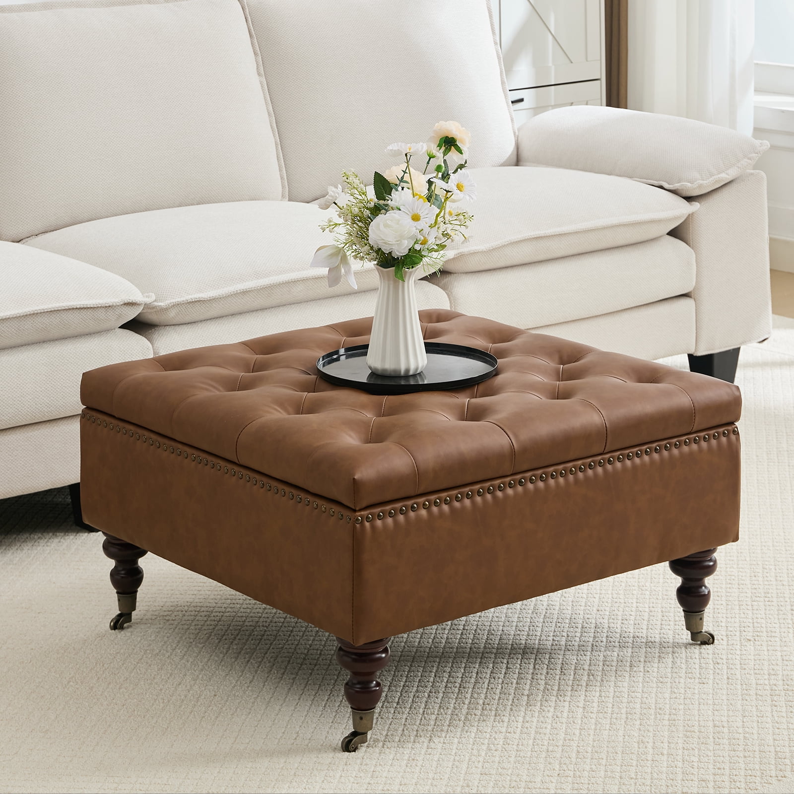 BRILHAMEZ Storage Ottoman Bench, Tufted Upholstered Seat with Hidden Storage, Multi-Functional Coffee Table and Foot Rest for Living Room, Brown