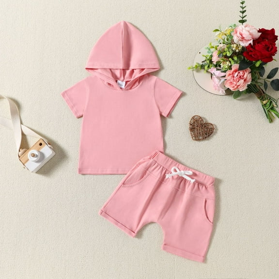 HAOTAGS Baby Girls Hooded Top with Shorts Set, Solid Color 2 Piece Outfit Set Pink Size 12 Months
