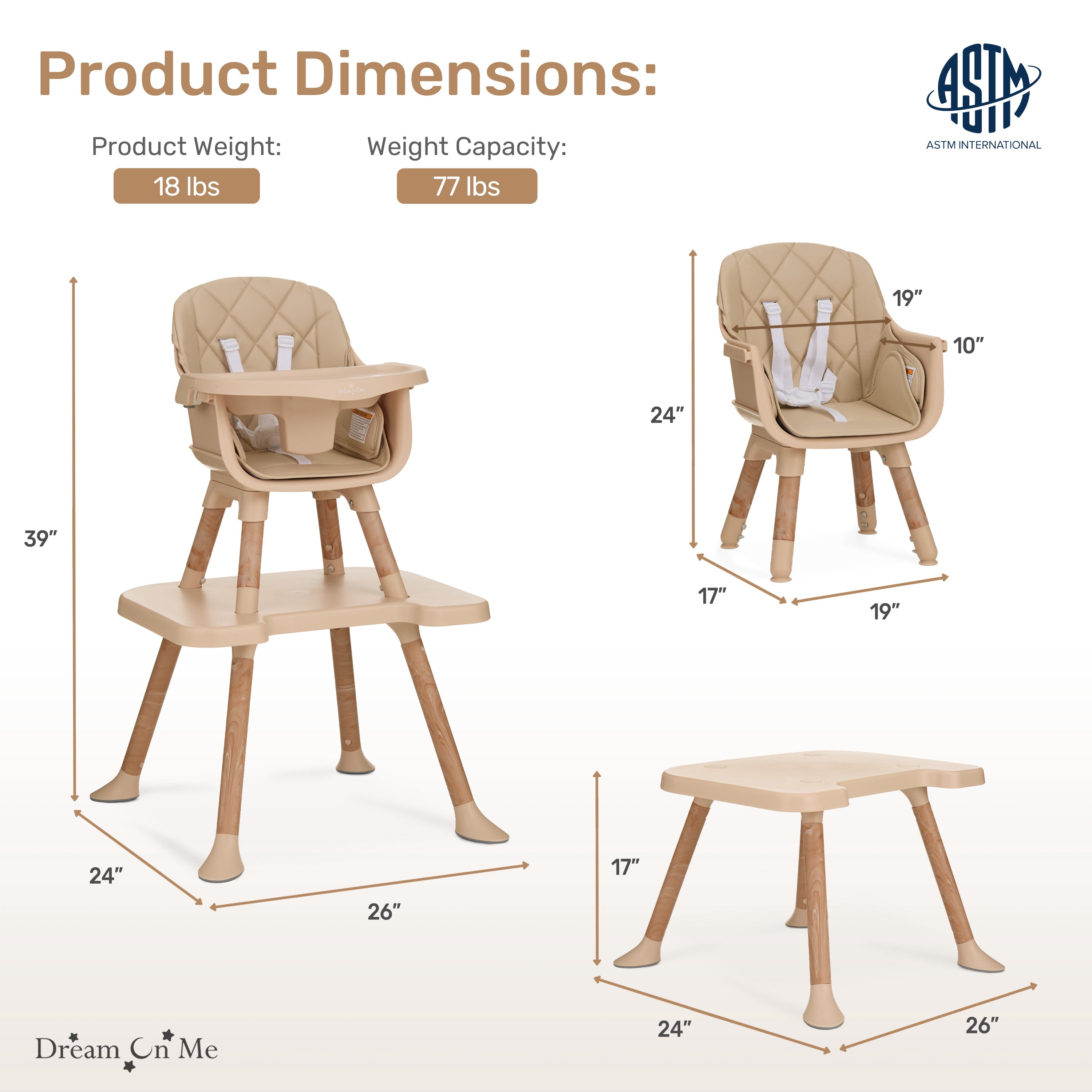Dream On Me Luna 4-in-1 Convertible Baby High Chair in Beige, Transforms into Booster, Toddler Seat & Table Set, Adjustable and Removable Tray Portable High Chair