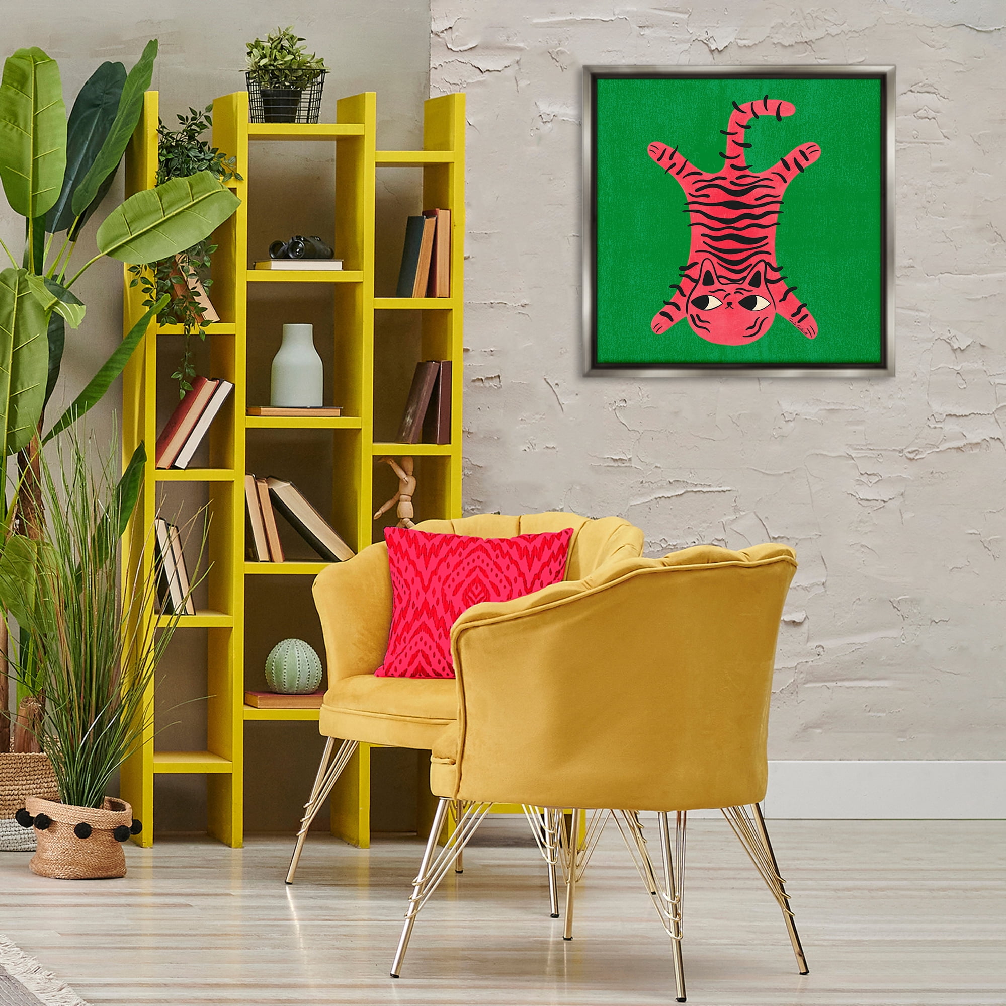 Stupell Industries Funky Retro Cat Pink Animals Painting Gray Floater Framed Canvas Art Print Wall Art, 25 x 25