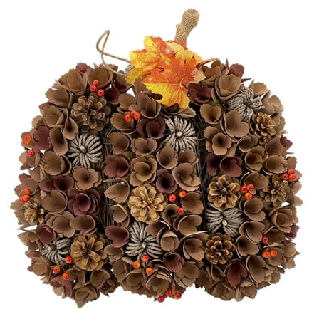 Woodcurl Pumpkin Halloween Thanksgiving Front Door Wreath Decoration 17" Brown