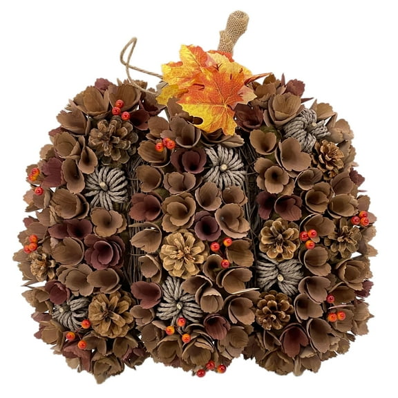 Woodcurl Pumpkin Halloween Thanksgiving Front Door Wreath Decoration 17" Brown