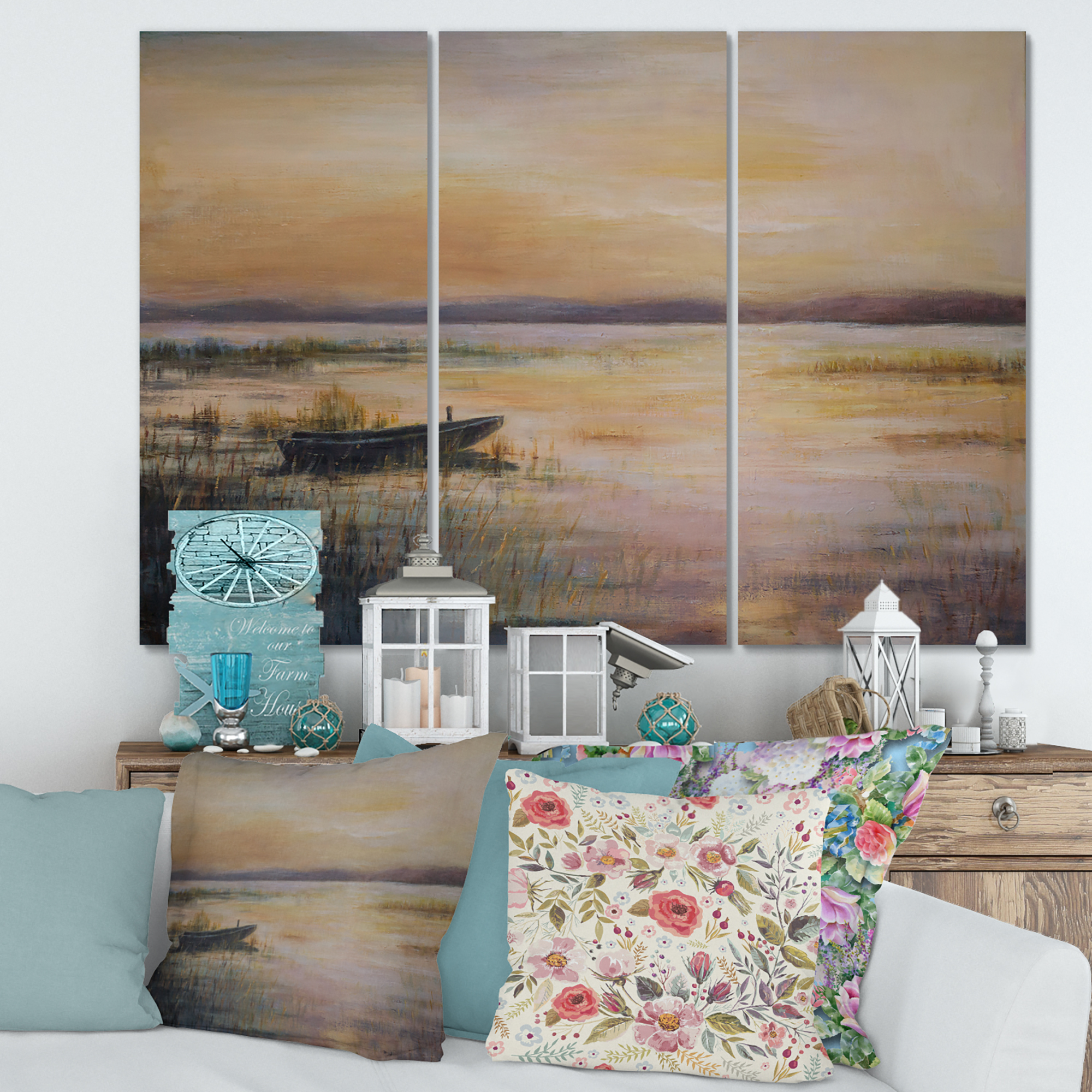 Designart ' Pastel Boat Sunset Over The Lake ' Nautical & Coastal Canvas Wall Art Print