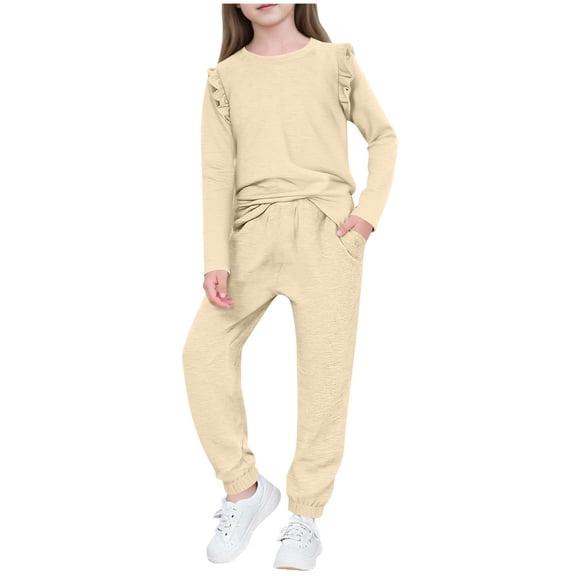 CYRBOKO Girls Outfit Sets with Flutter Sleeve, Soft Long Sleeve Elastic Waist Two-piece Kids Sets Beige Size 12 T