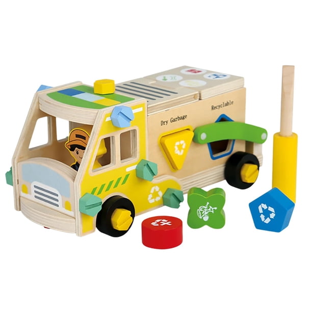 Juguete de construcción de madera con tuercas y tornillos para niños, juego de simulación, motricidad fina Camión de basura