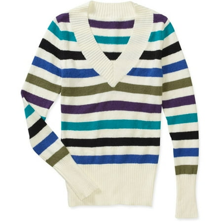 No Boundaries Juniors' V-Neck Stripe Sweater