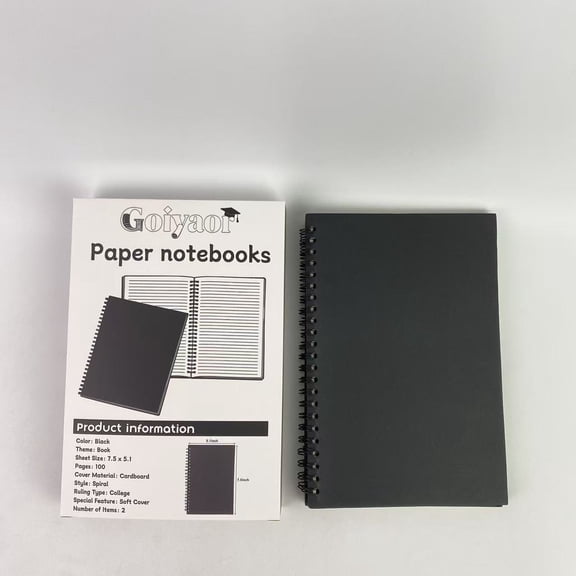 Goiyaor Paper notebooks,2 Pack College Ruled Notebook, Soft Black Cover Spiral Notebook, Memo Notepad Sketchbook, 100 Pages, 50 Sheets, 7.5x 5.1 Inches