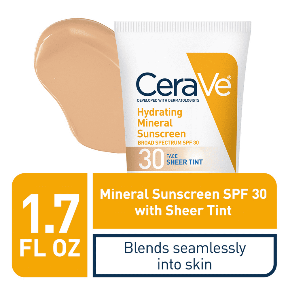 CeraVe Hydrating Mineral Sunscreen, Sheer Tint Facial SPF 30, 1.7 fl oz
